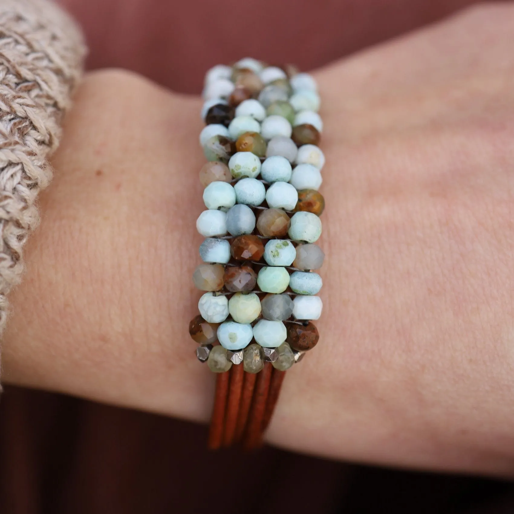 Hand Stitched Green Opal Leather Cuff Bracelet