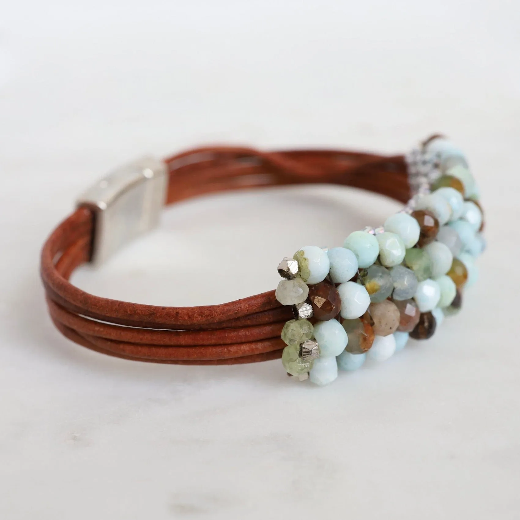 Hand Stitched Green Opal Leather Cuff Bracelet