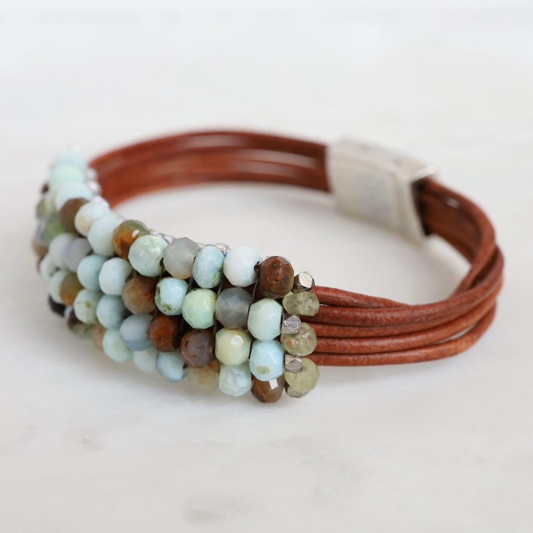 Hand Stitched Green Opal Leather Cuff Bracelet