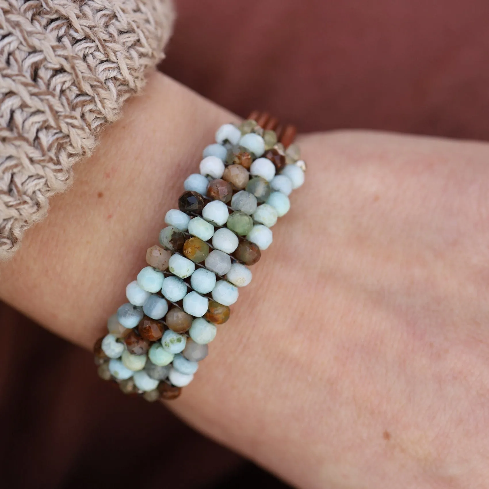 Hand Stitched Green Opal Leather Cuff Bracelet