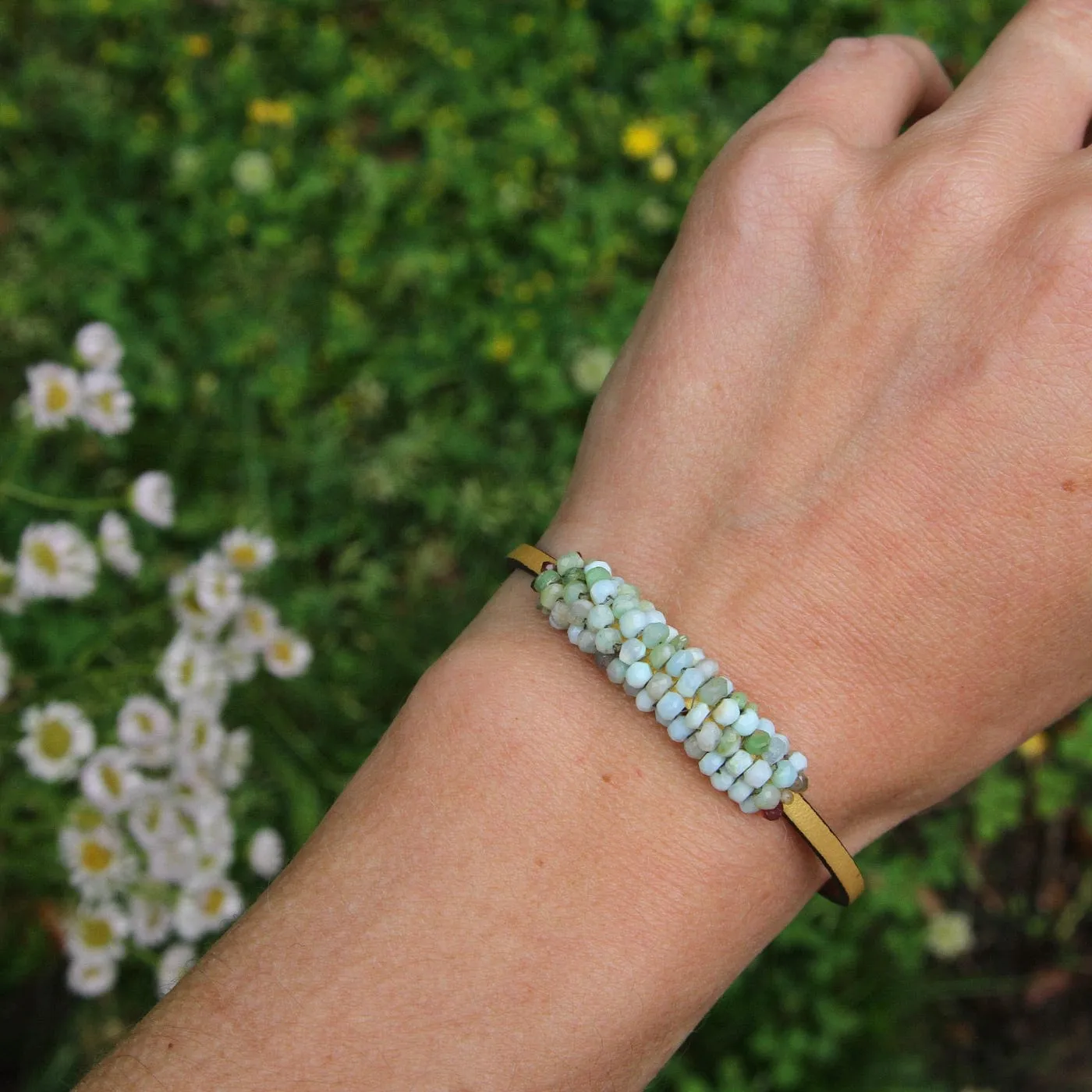 Hand Stitched Peruvian Opal & Hessonite Garnet Bracelet