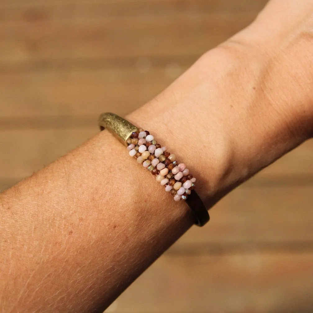 Hand Stitched Pink Opal and Hessonite Garnet Leather Cuff Bracelet