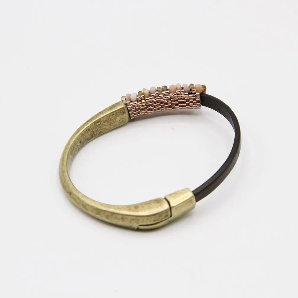Hand Stitched Pink Opal and Hessonite Garnet Leather Cuff Bracelet