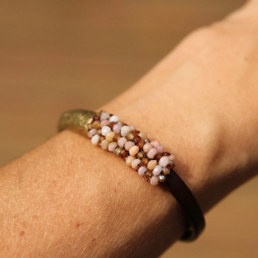 Hand Stitched Pink Opal and Hessonite Garnet Leather Cuff Bracelet