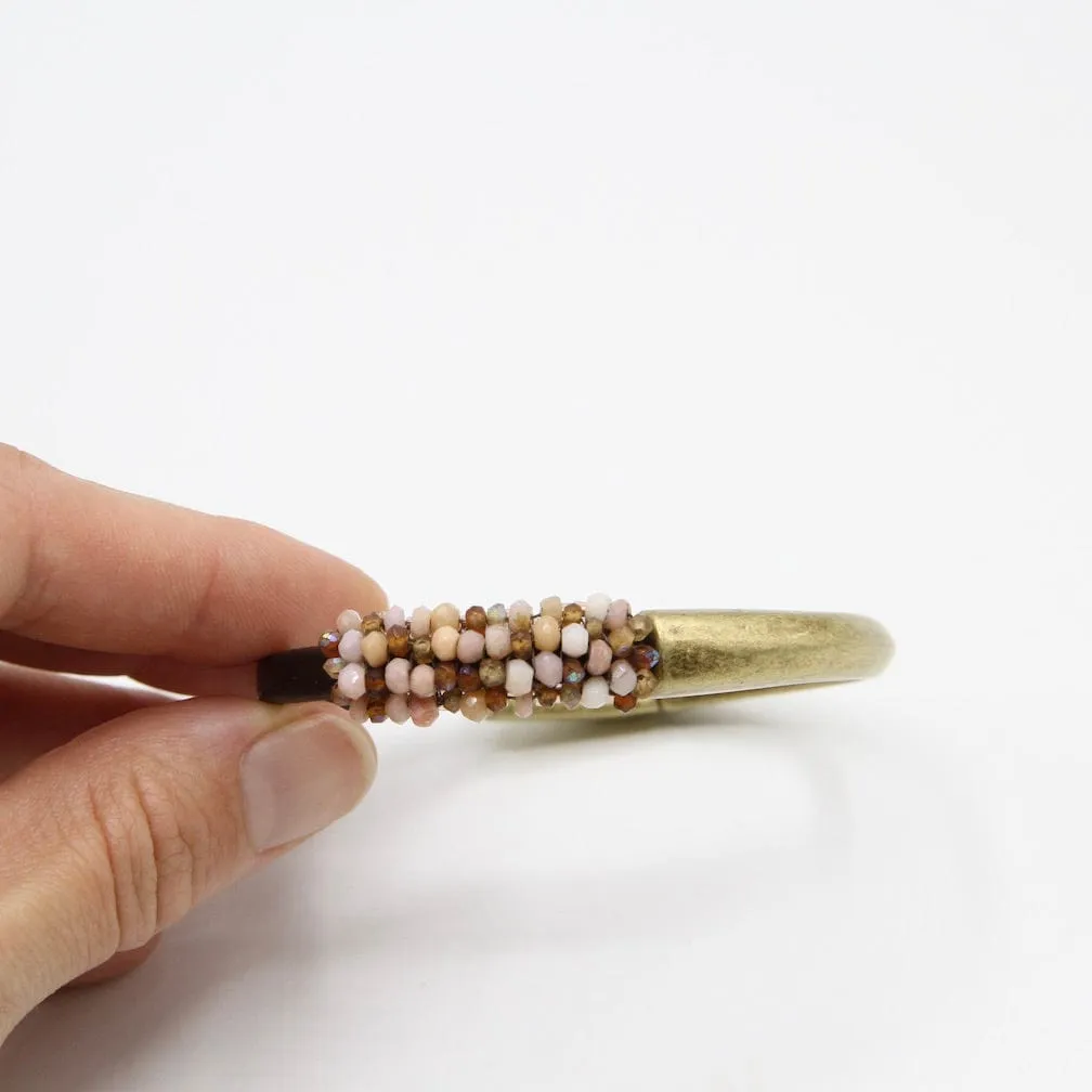 Hand Stitched Pink Opal and Hessonite Garnet Leather Cuff Bracelet