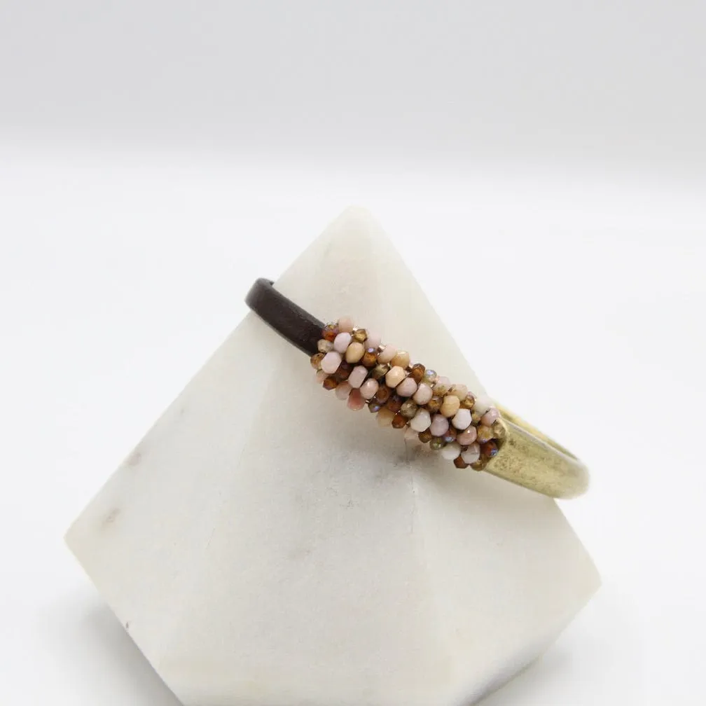 Hand Stitched Pink Opal and Hessonite Garnet Leather Cuff Bracelet