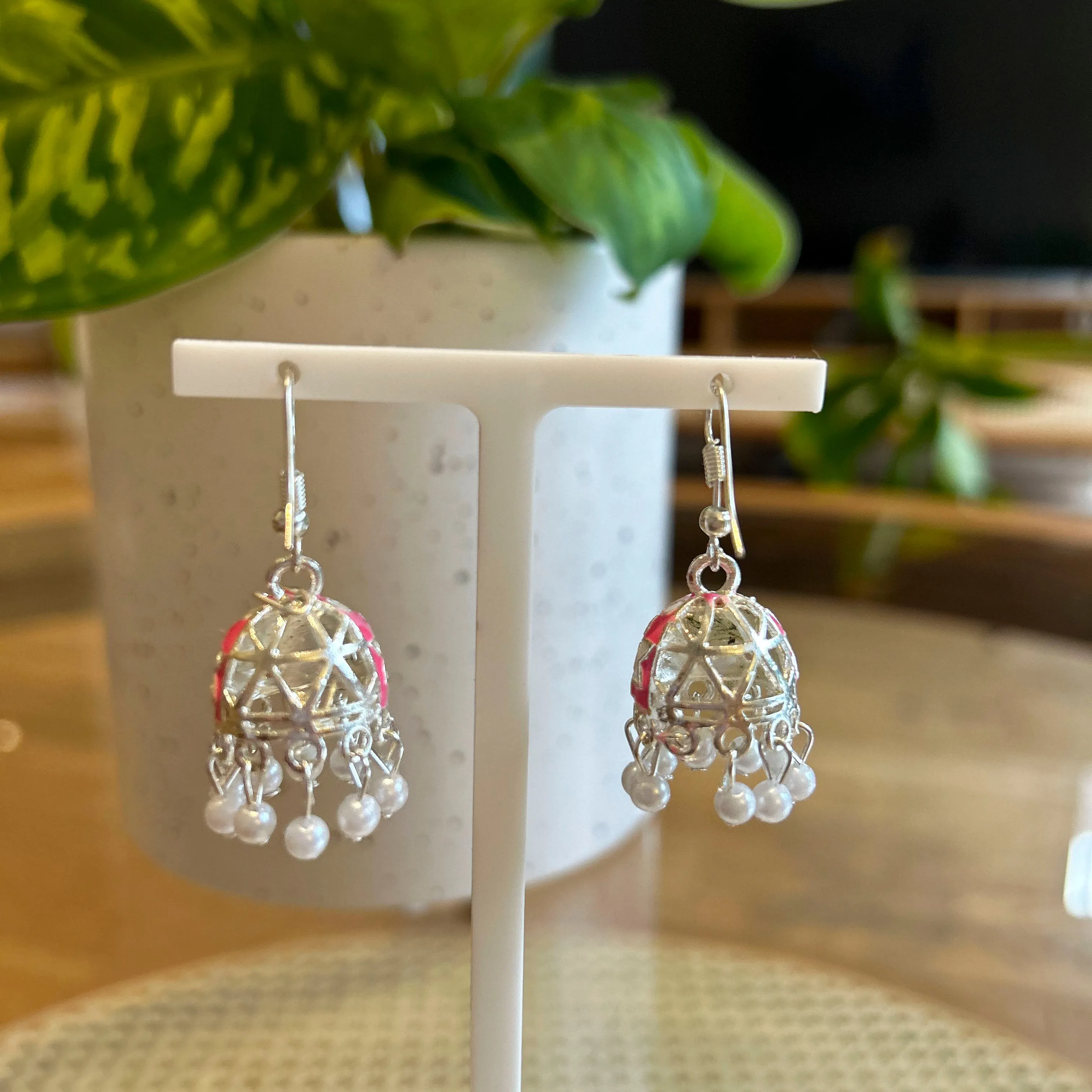 Jhumka Mini Pink Earrings Silver