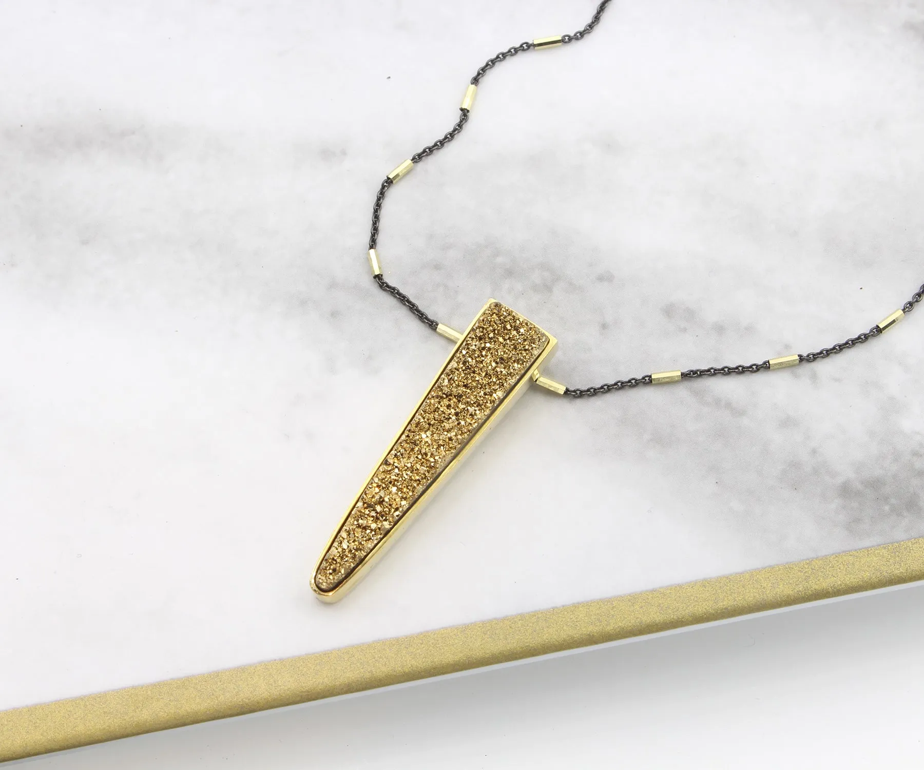 Large Elongated Triangle Gold Druzy Necklace