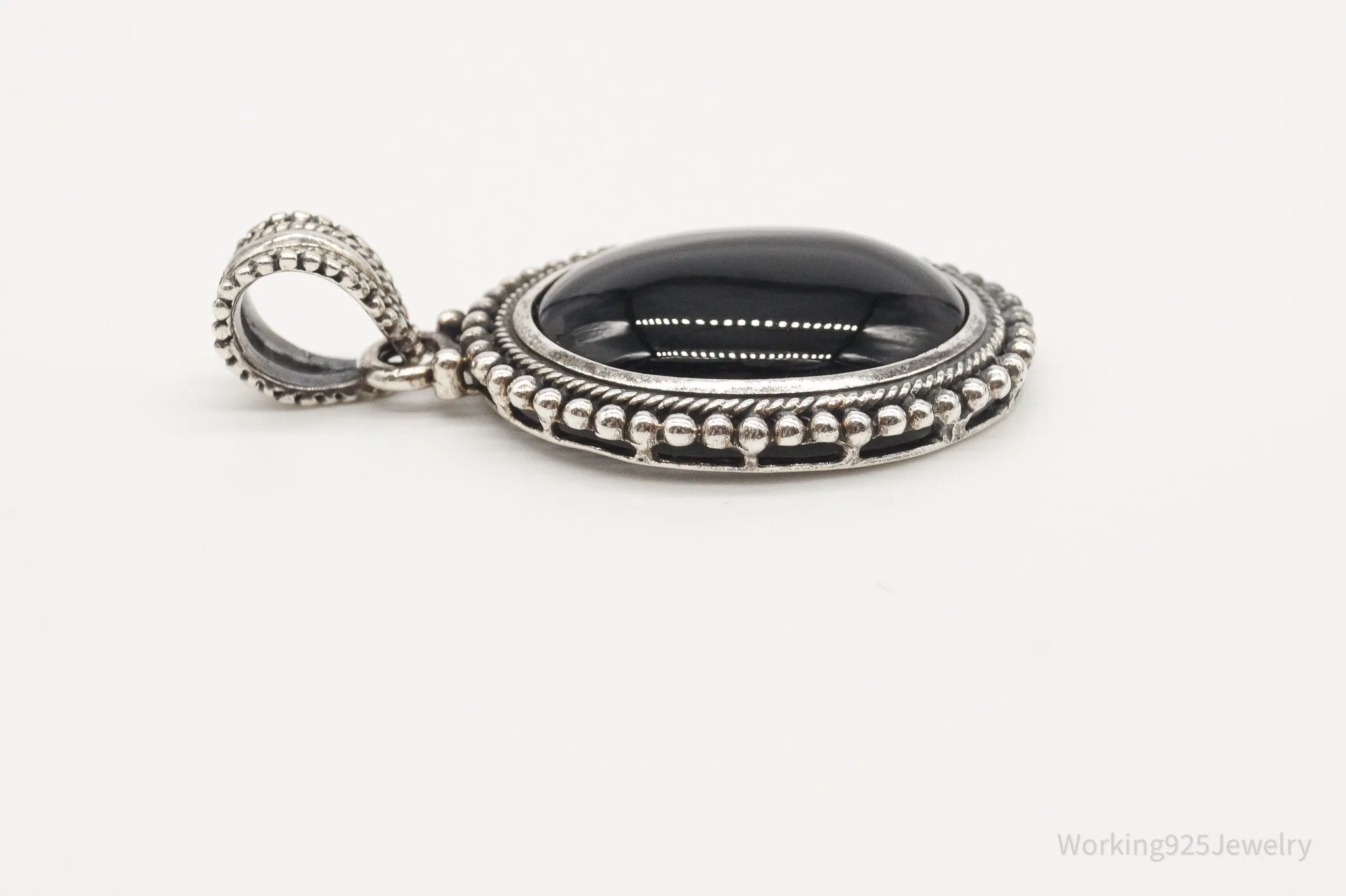 Large Vintage Black Onyx Bali Style Sterling Silver Pendant