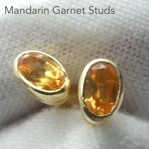 Mandarin Garnet Studs, Faceted Ovals, Gold on 925 Silver