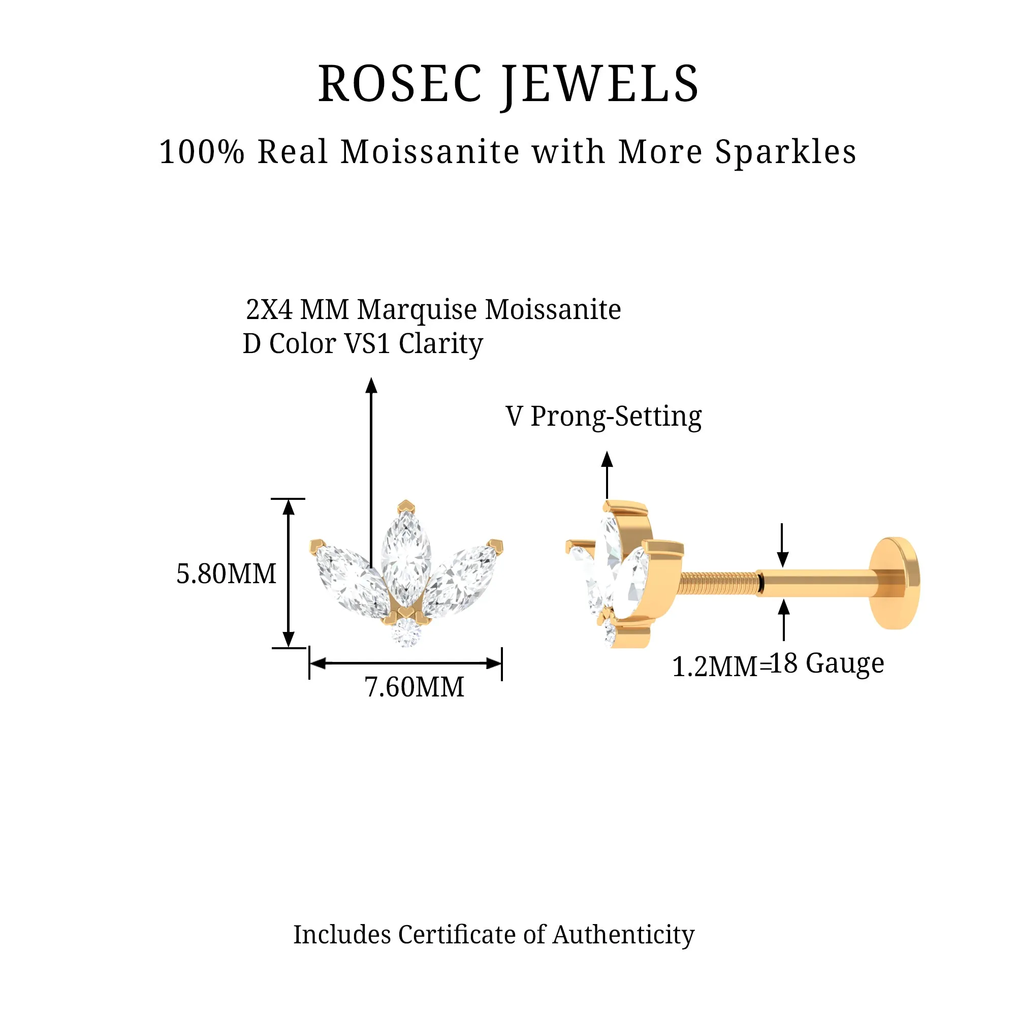 Marquise Moissanite Gold Lotus Flower Helix Earring