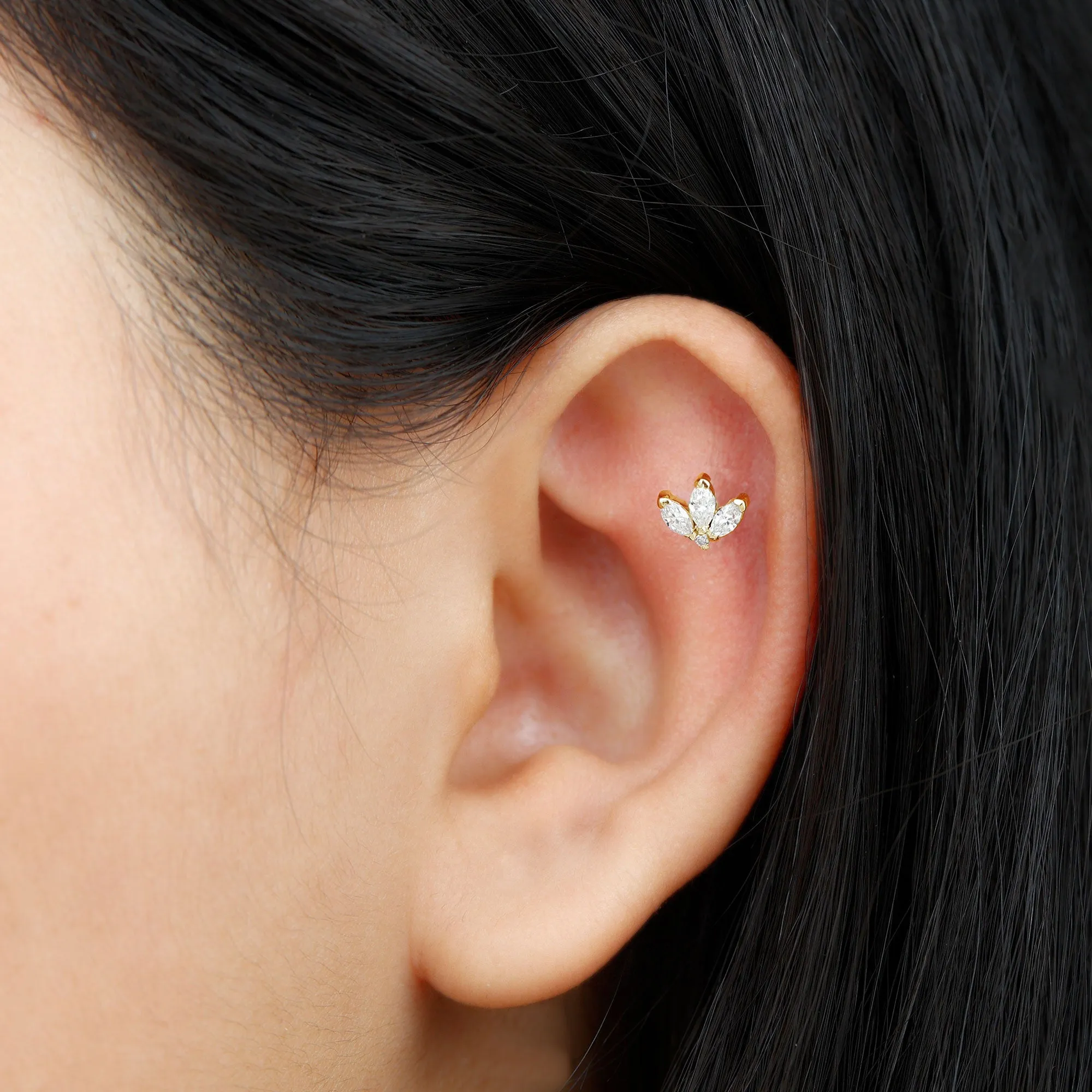 Marquise Moissanite Gold Lotus Flower Helix Earring