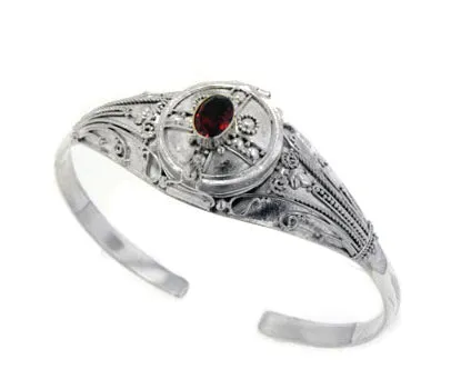 Medieval Sterling Silver Genuine Garnet Locket Box Poison Cuff Bracelet