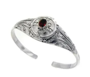 Medieval Sterling Silver Genuine Garnet Locket Box Poison Cuff Bracelet