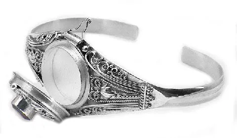 Medieval Sterling Silver Genuine Garnet Locket Box Poison Cuff Bracelet