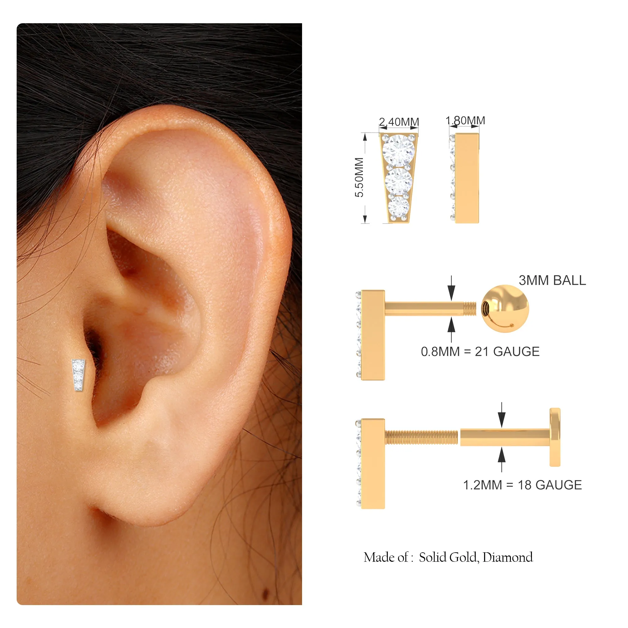 Minimal Diamond Unique Earring for Tragus Piercing
