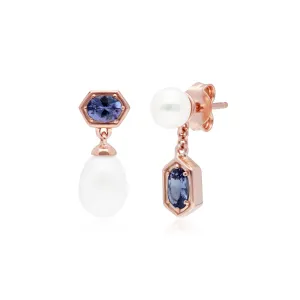Moderne Perle & Tansanit Asymmetrische Tropfen Ohrringe in Rose Vergoldetem Sterling Silber
