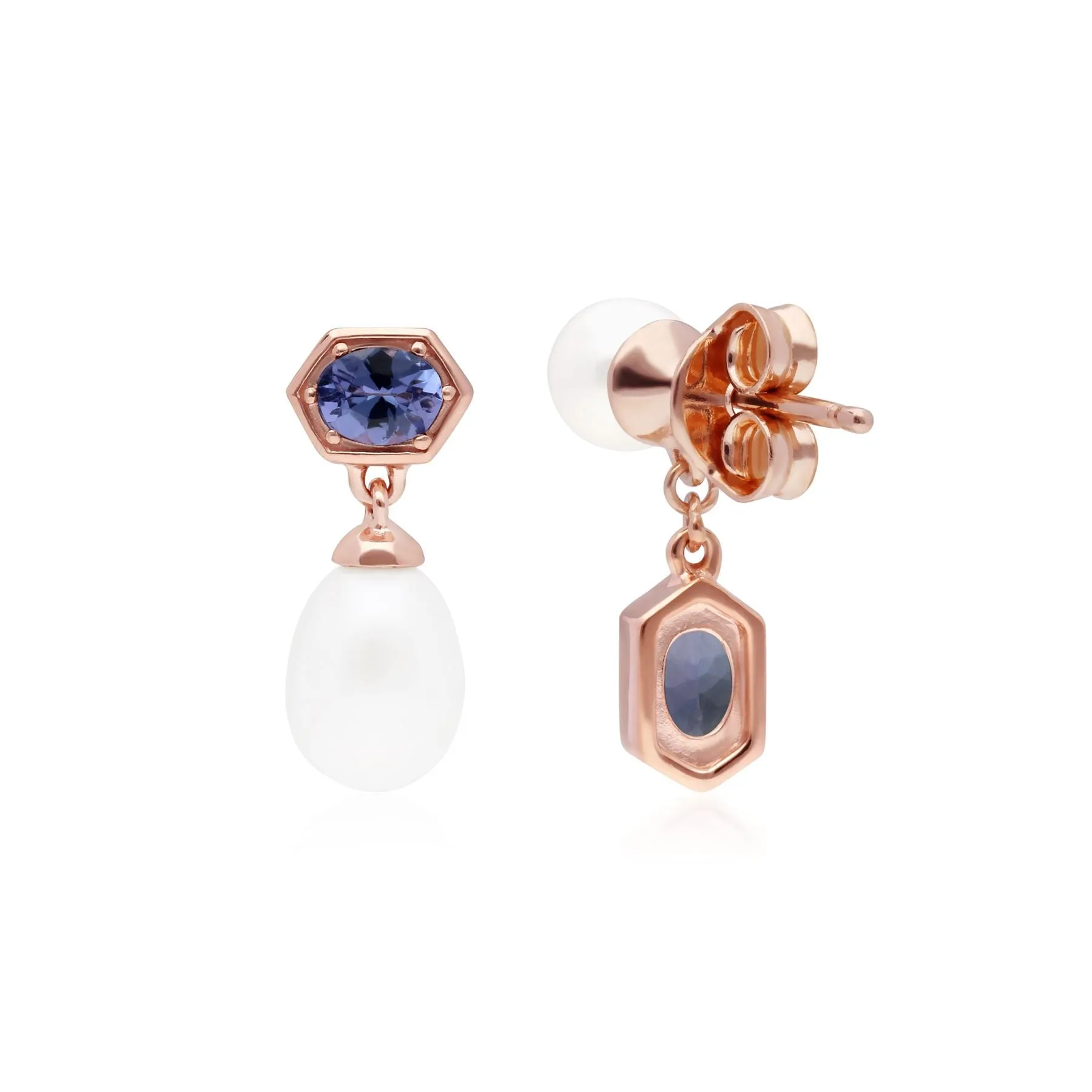Moderne Perle & Tansanit Asymmetrische Tropfen Ohrringe in Rose Vergoldetem Sterling Silber