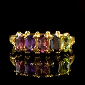 Multi Gemstone Five Stone Ring 18Ct Gold Silver