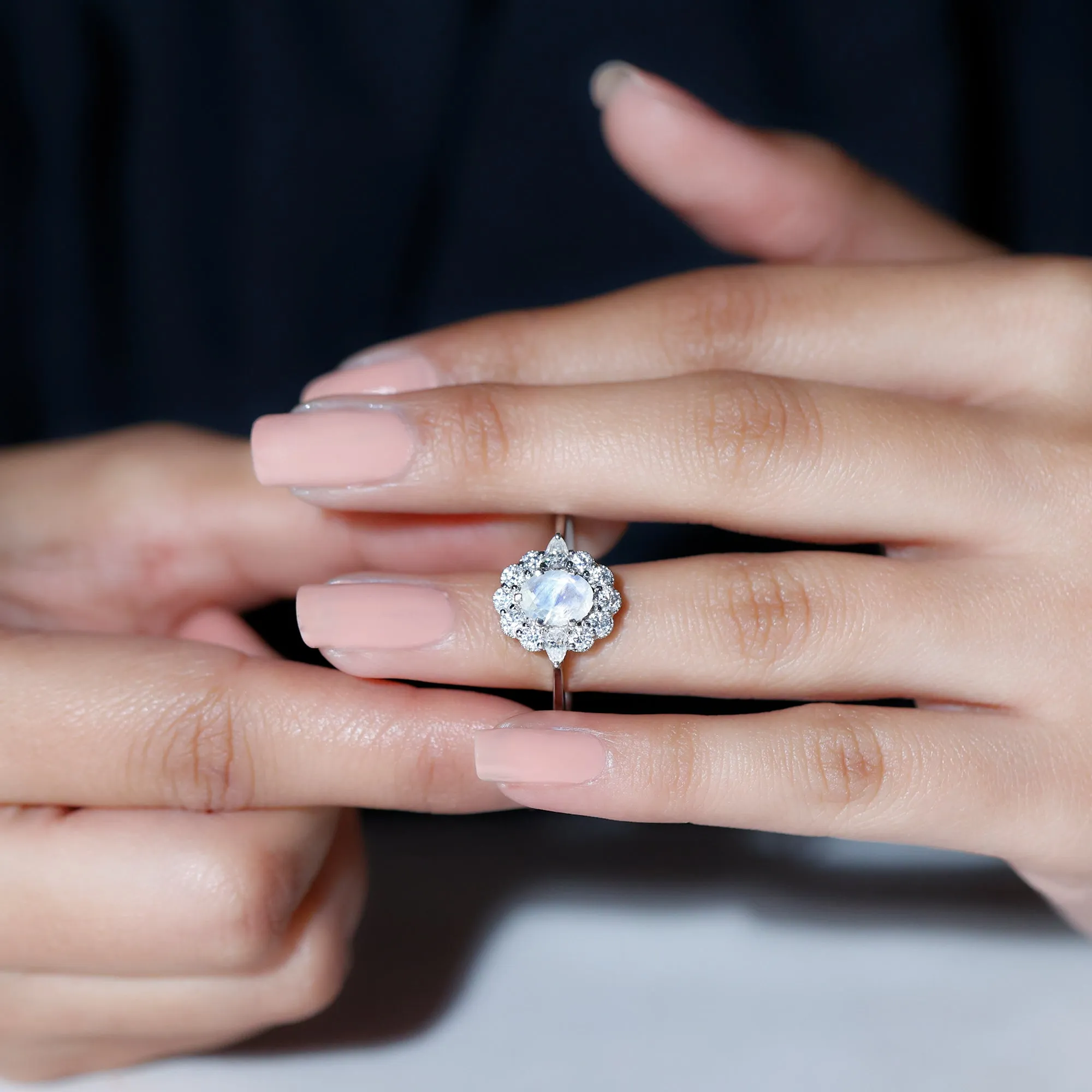 Natural Moonstone Statement Ring With Moissanite Halo