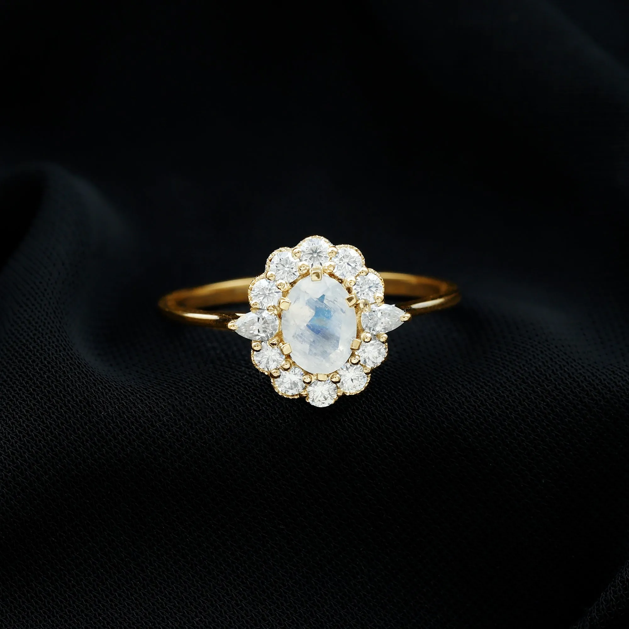 Natural Moonstone Statement Ring With Moissanite Halo
