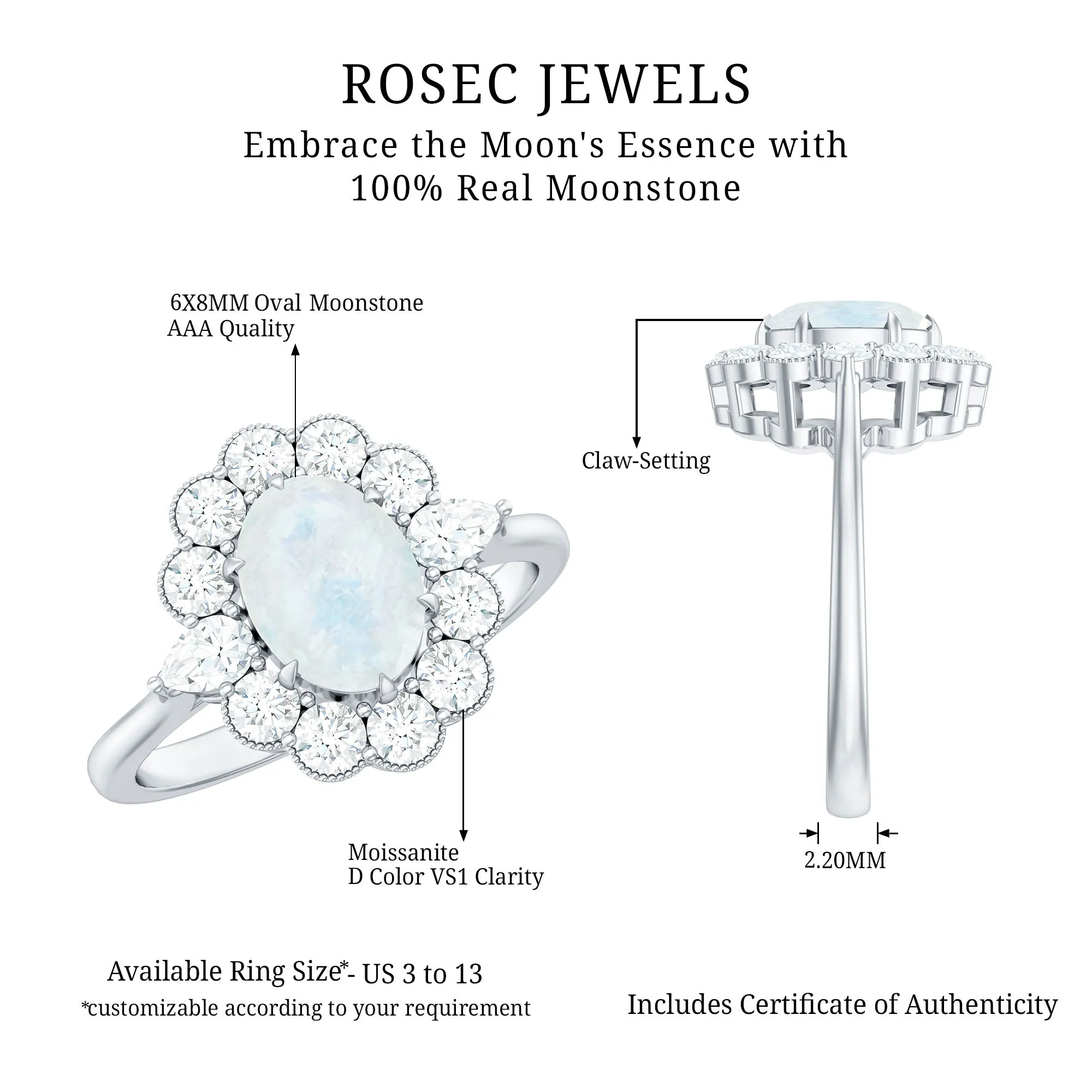 Natural Moonstone Statement Ring With Moissanite Halo