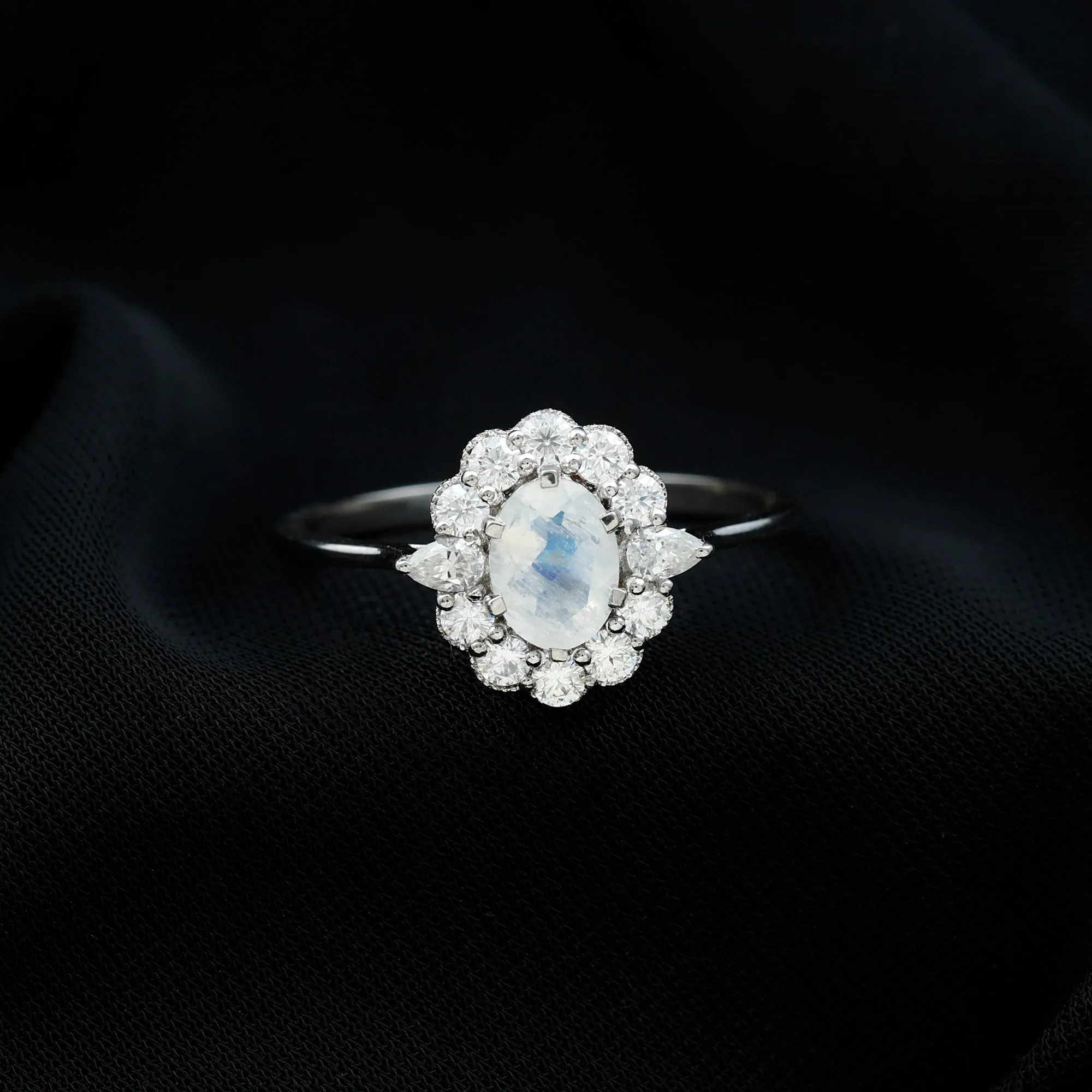 Natural Moonstone Statement Ring With Moissanite Halo