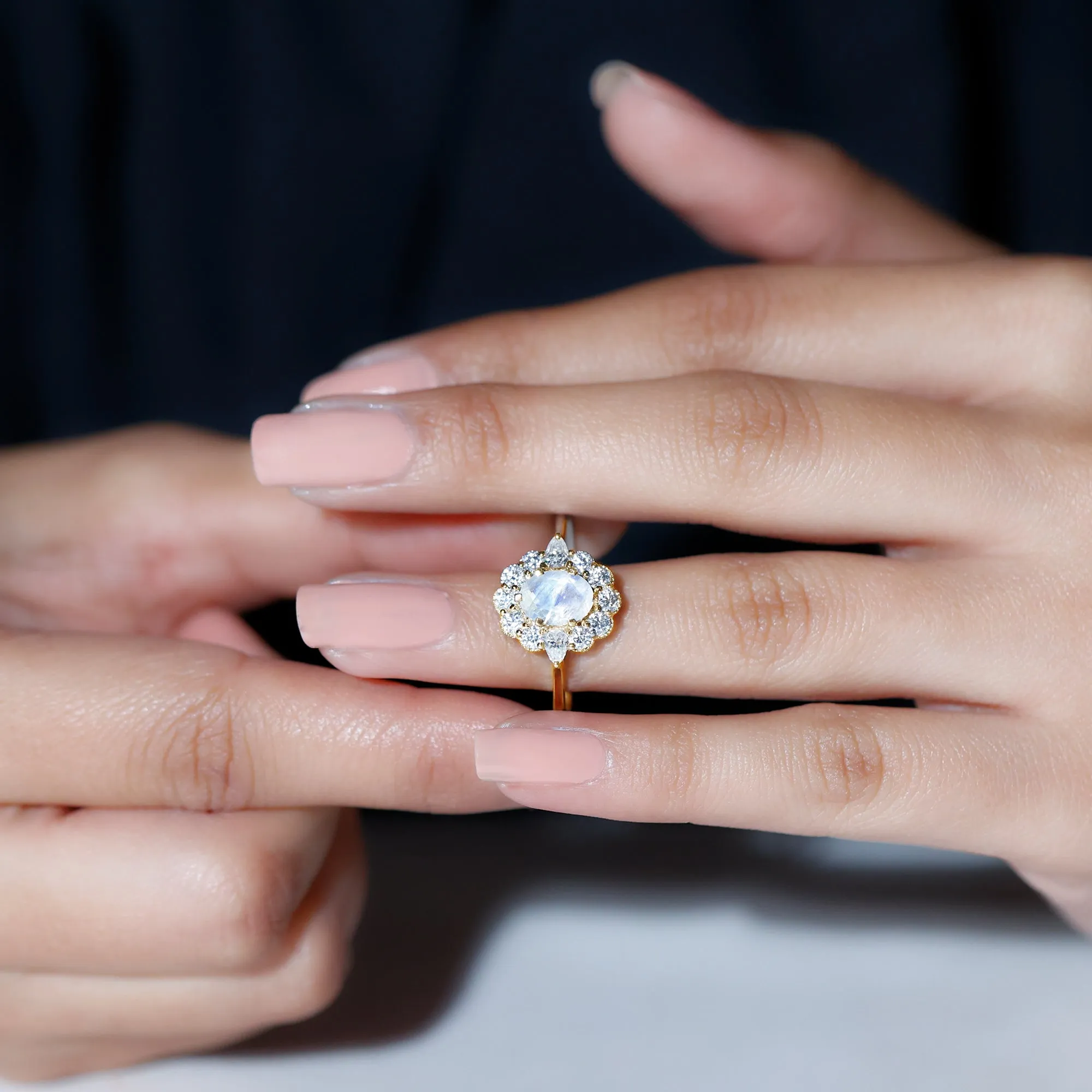 Natural Moonstone Statement Ring With Moissanite Halo