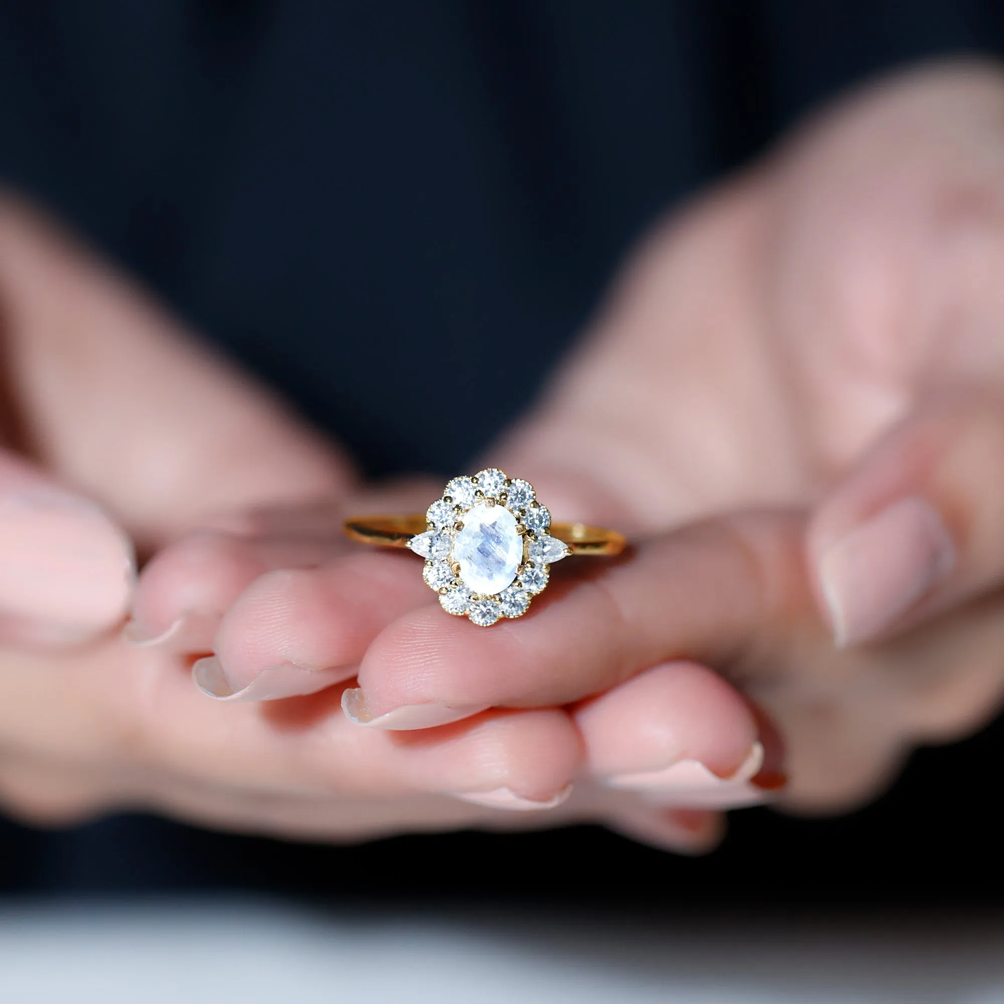 Natural Moonstone Statement Ring With Moissanite Halo