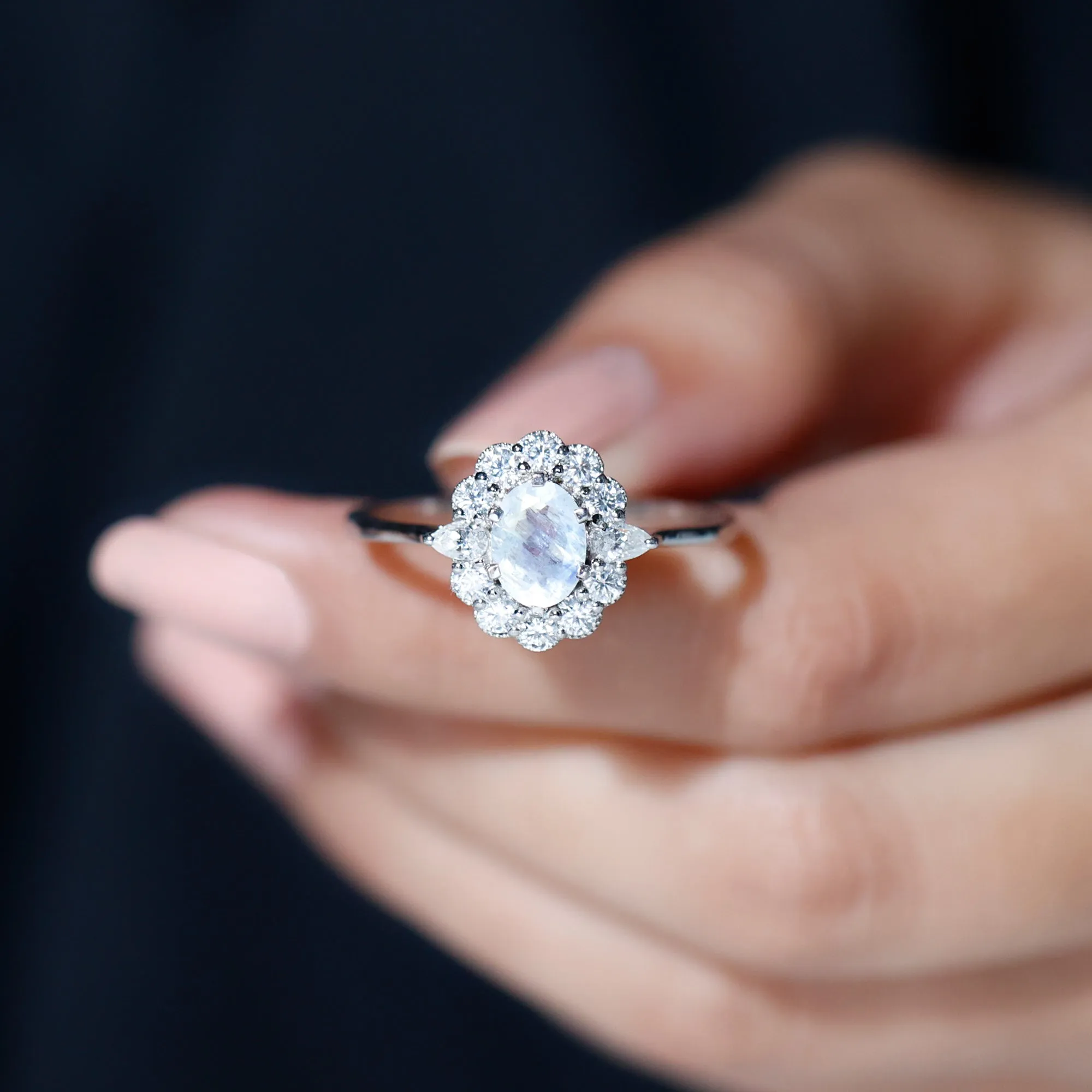 Natural Moonstone Statement Ring With Moissanite Halo