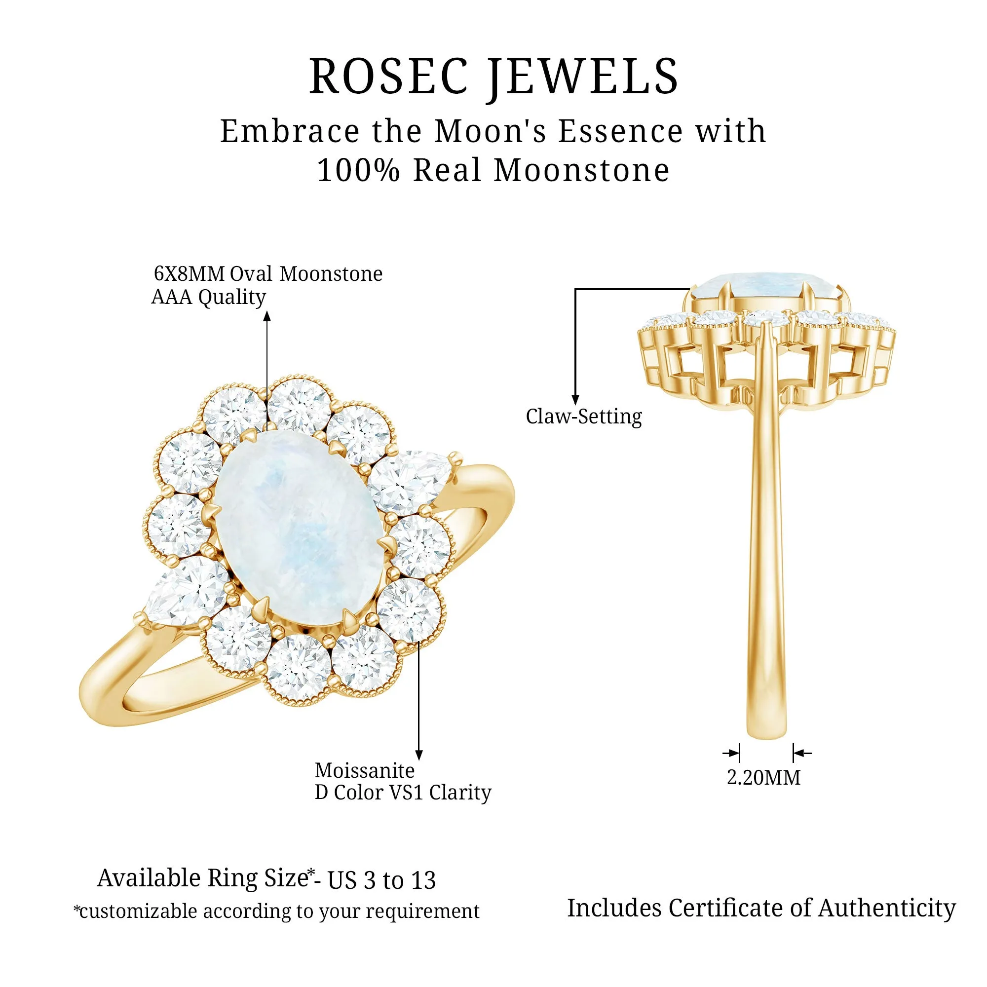 Natural Moonstone Statement Ring With Moissanite Halo