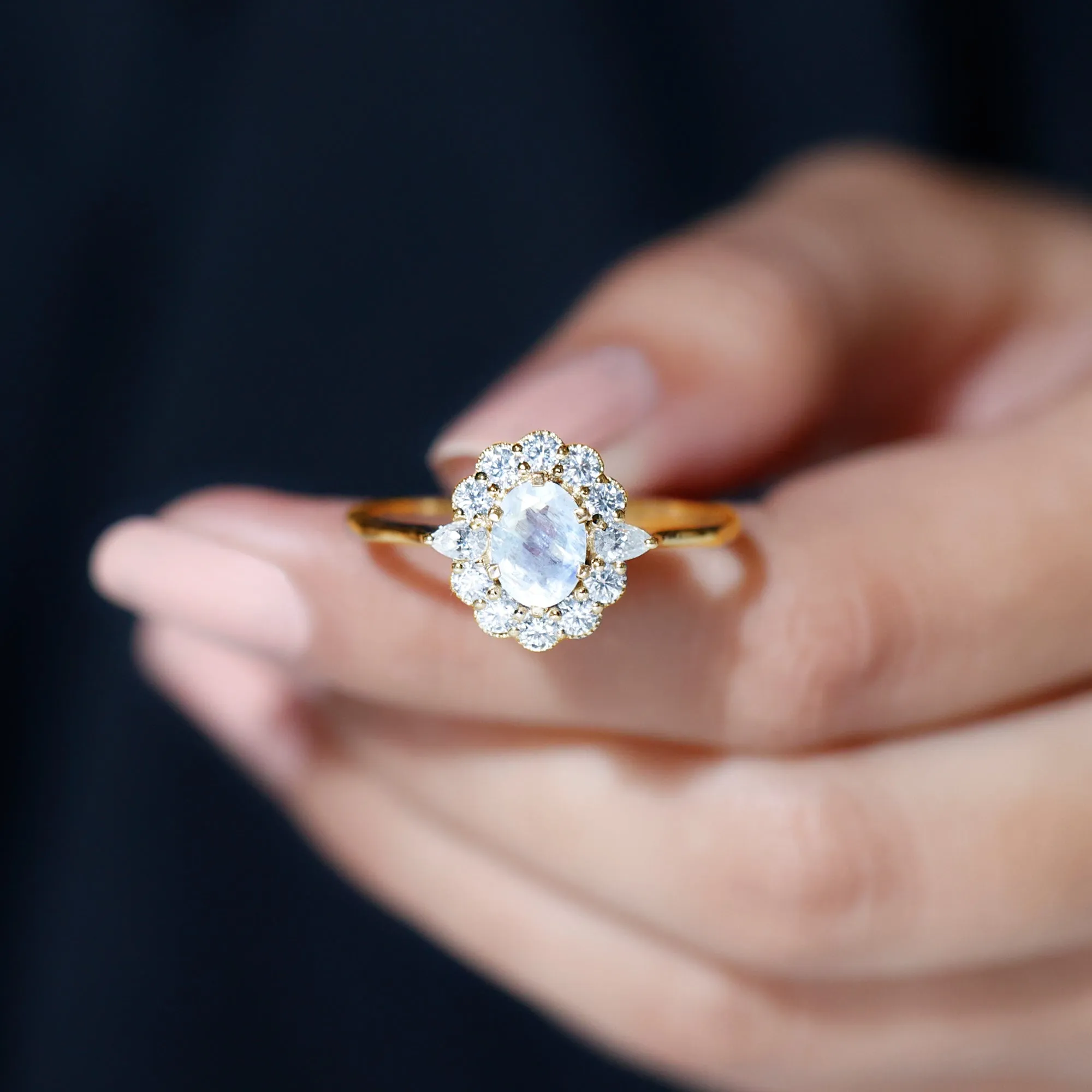 Natural Moonstone Statement Ring With Moissanite Halo