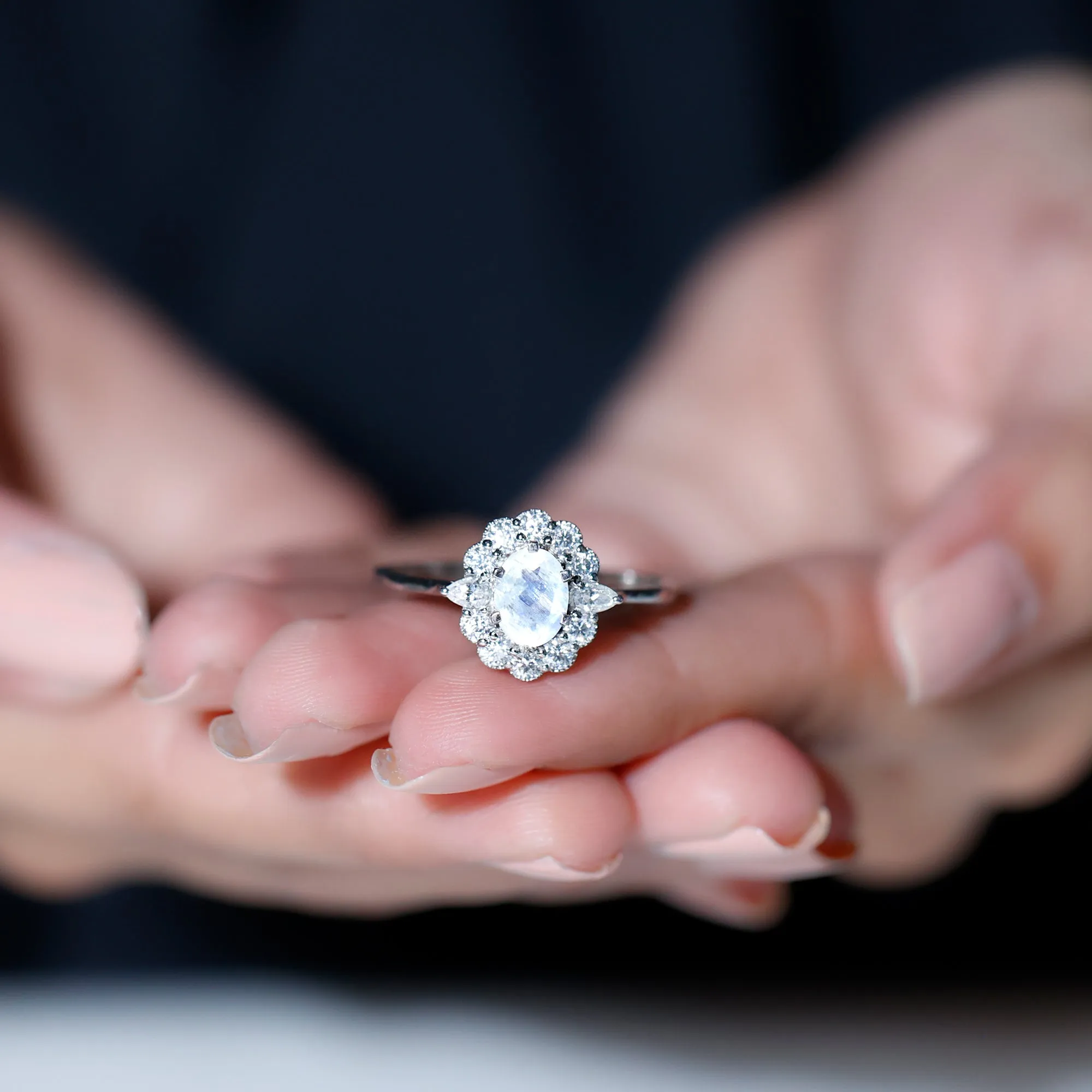 Natural Moonstone Statement Ring With Moissanite Halo