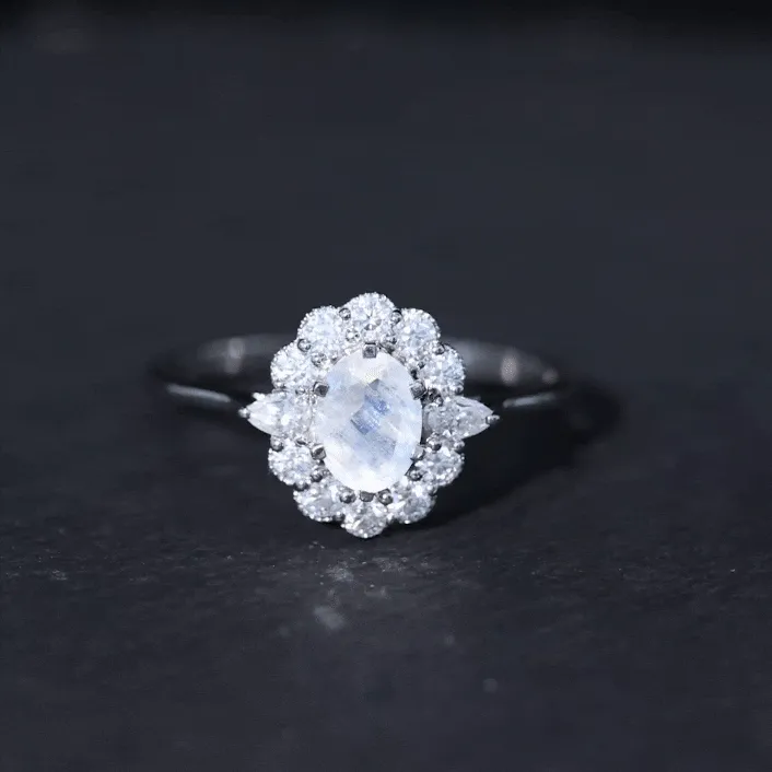 Natural Moonstone Statement Ring With Moissanite Halo