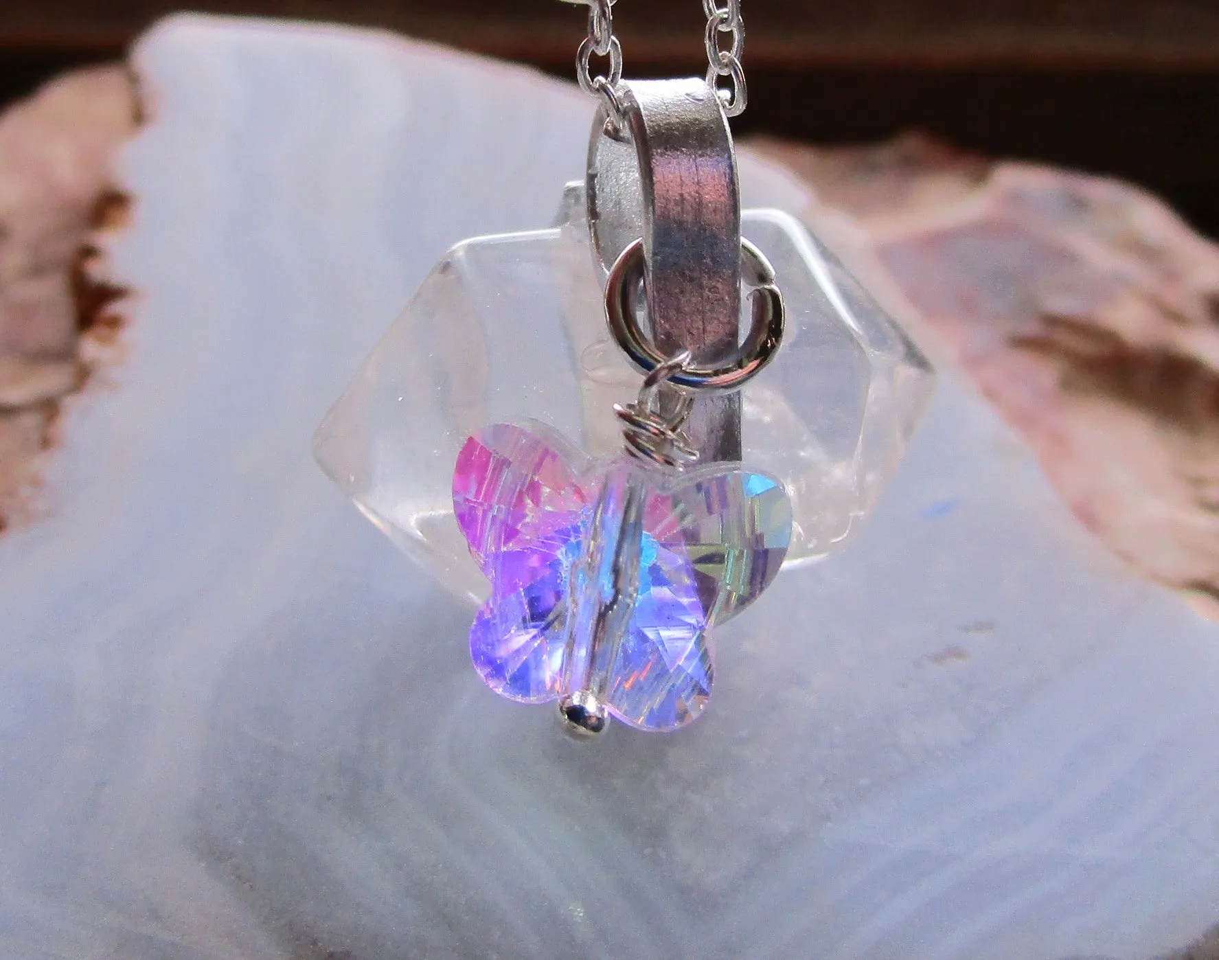 Natural Quartz Crystal Aurora Borealis Butterfly Pendant Necklace