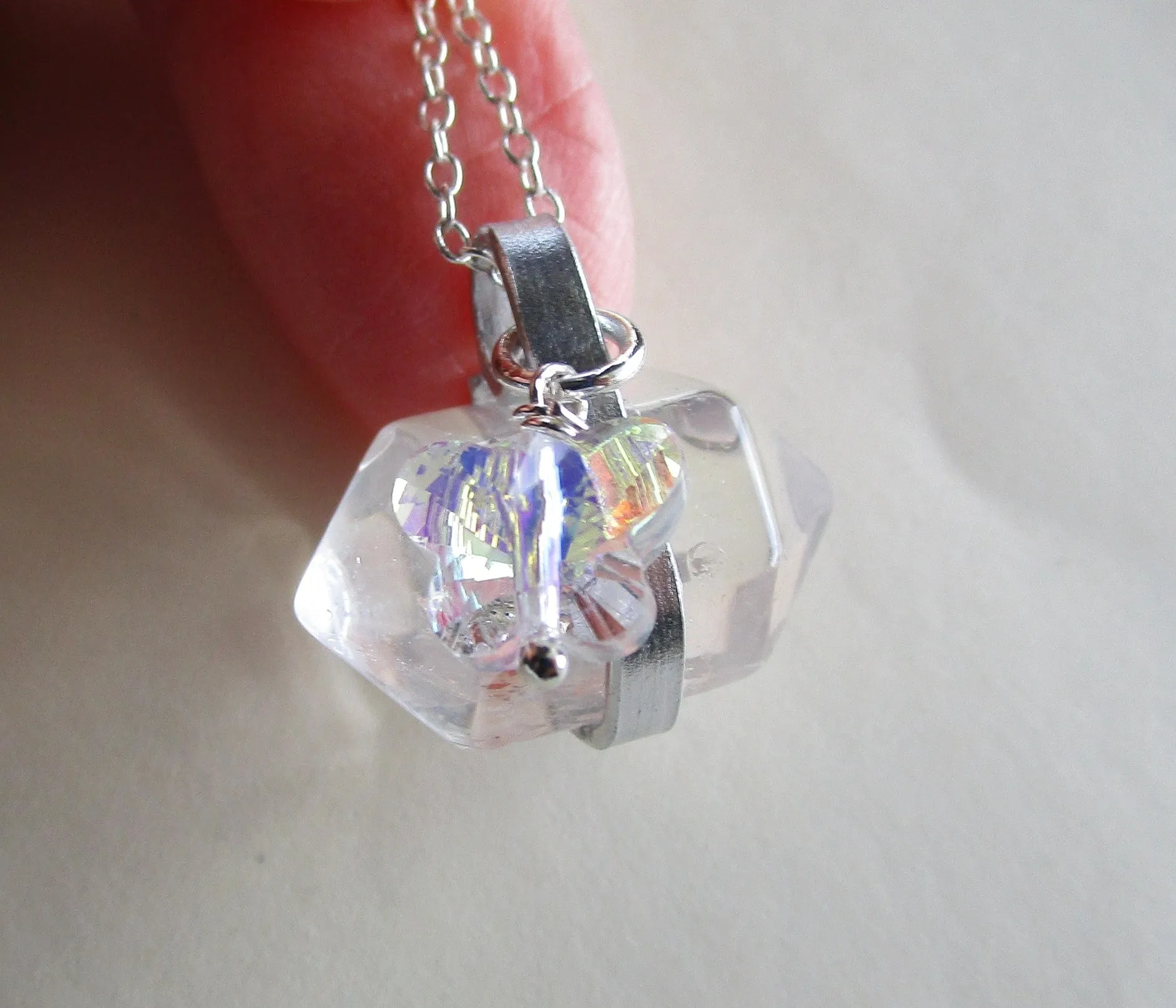 Natural Quartz Crystal Aurora Borealis Butterfly Pendant Necklace