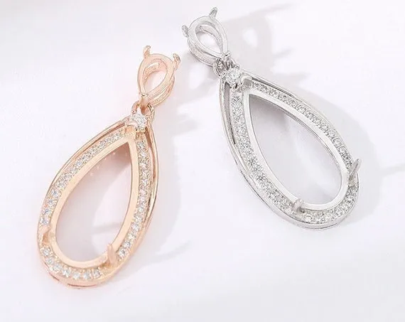 Necklace Pendant Setting Blank 17mm 1pc 1.6g 925 Sterling Silver for 2 Drop Shape Faceted Stones 3 Prongs CZ Semi Mount Wholesale Available