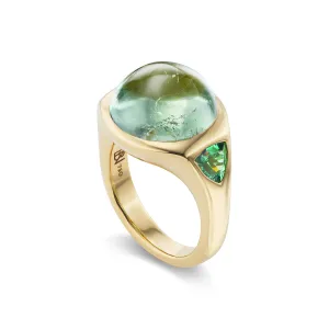 One-of-a-Kind Round Peridot Cabochon Ring with Tsavorite Sides