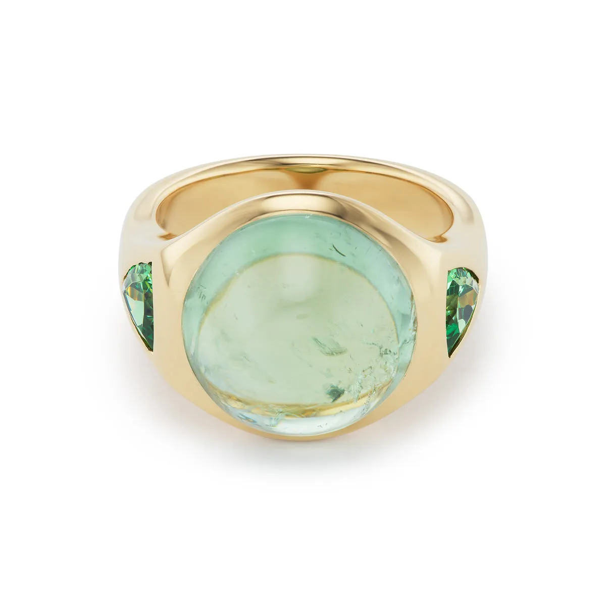 One-of-a-Kind Round Peridot Cabochon Ring with Tsavorite Sides