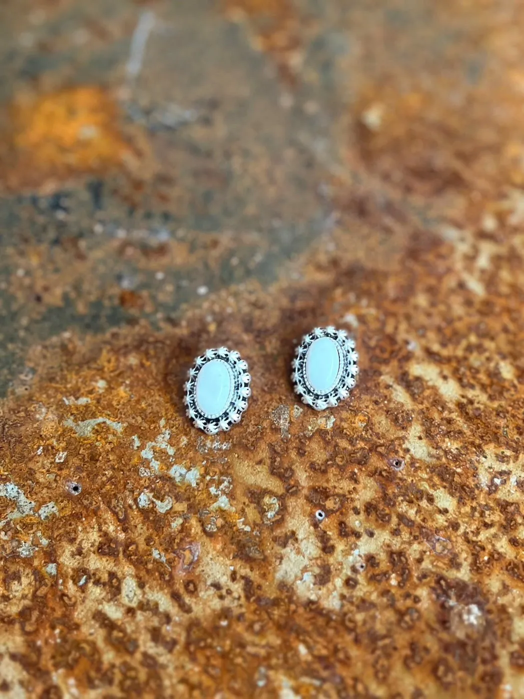 Oval White Stone Post Earrings