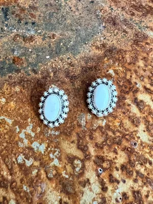 Oval White Stone Post Earrings