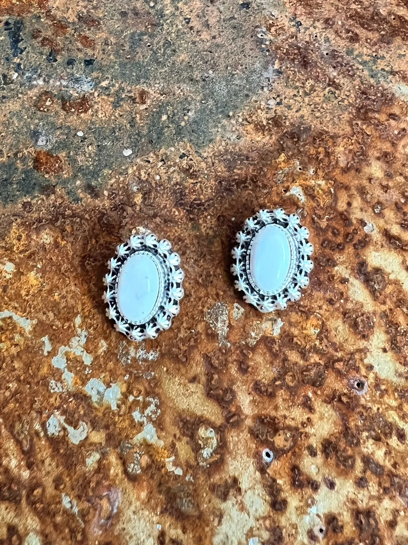 Oval White Stone Post Earrings