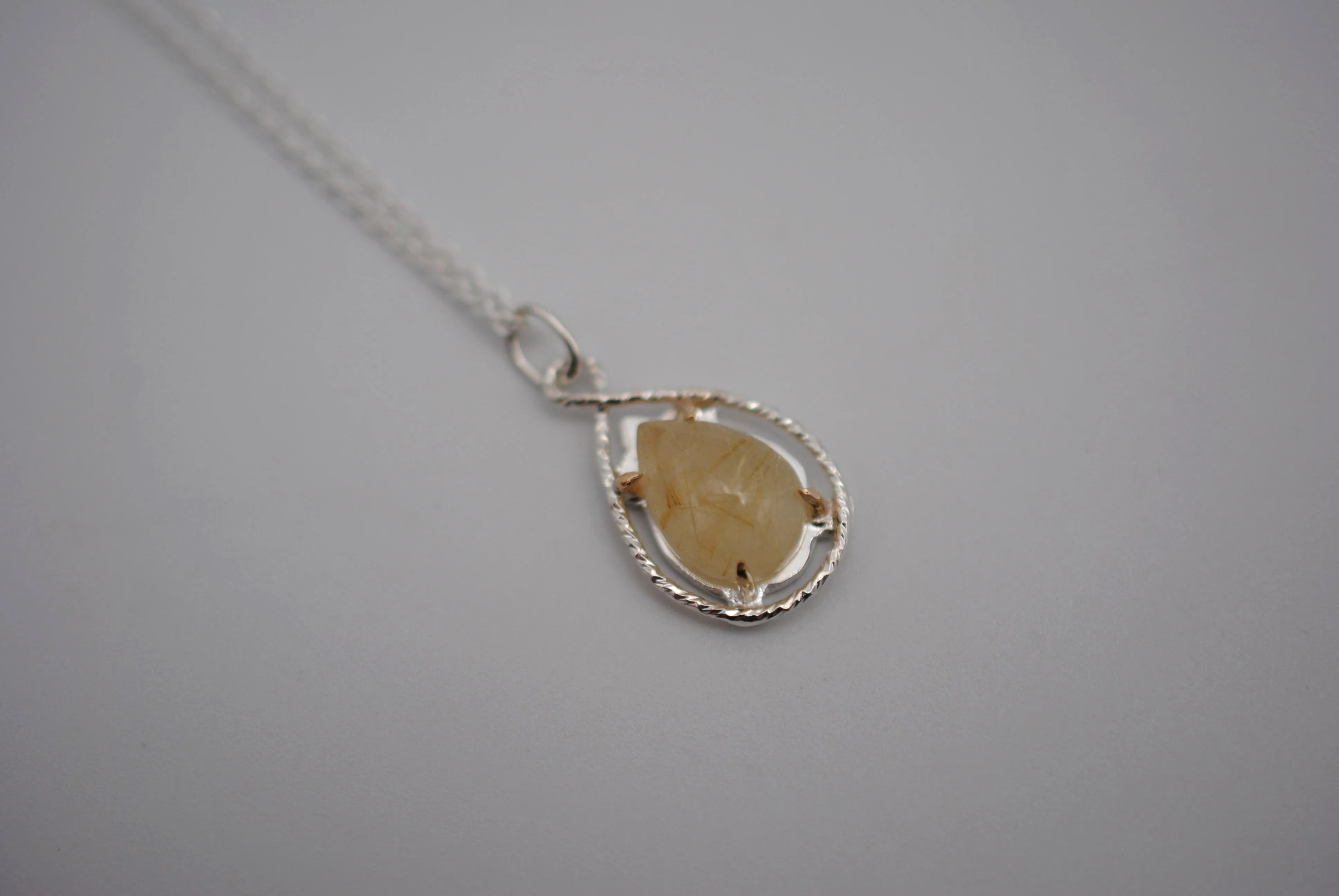 Pear Golden Rutilated Quartz with 14K Yellow Gold Prongs and Sparkle Halo Pendant Necklace on a Cable Chain