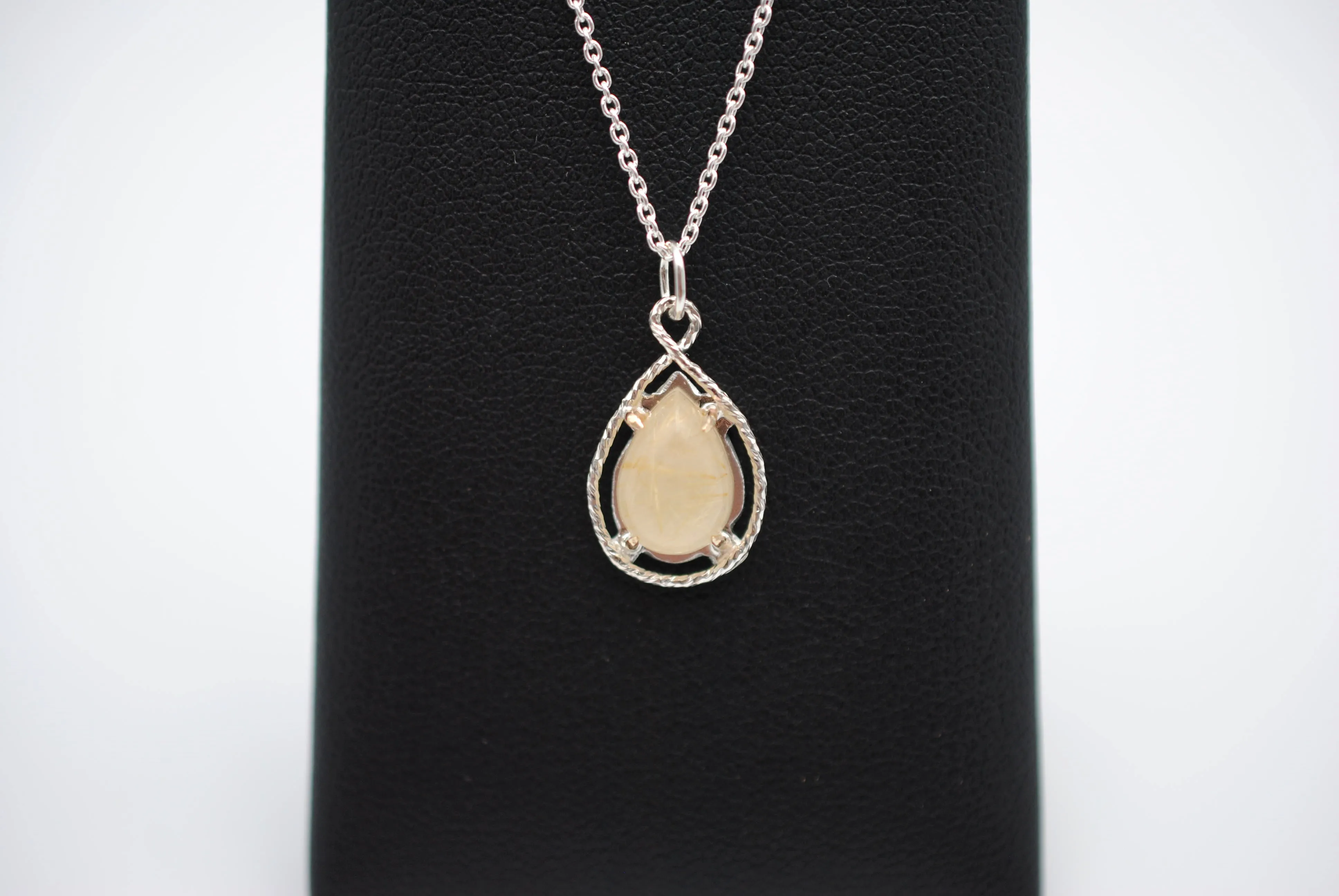 Pear Golden Rutilated Quartz with 14K Yellow Gold Prongs and Sparkle Halo Pendant Necklace on a Cable Chain