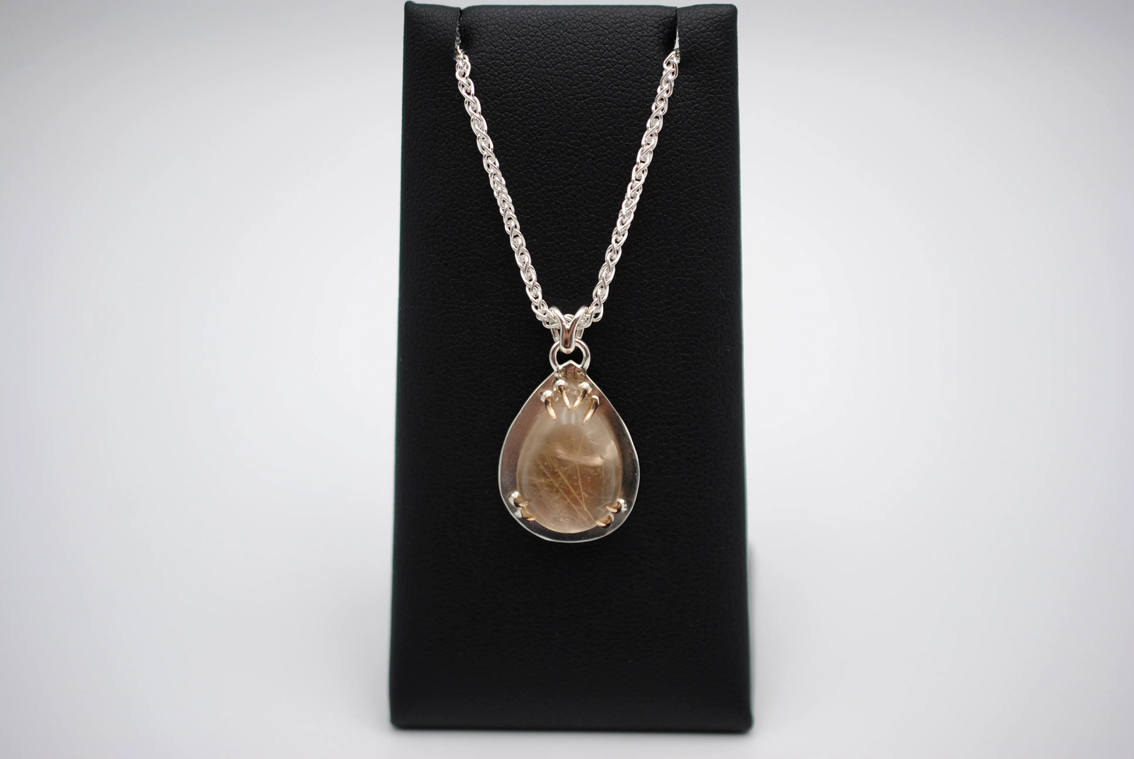 Pear Golden Rutilated Quartz with 14K Yellow Gold Prongs Pendant Necklace on Wheat Chain