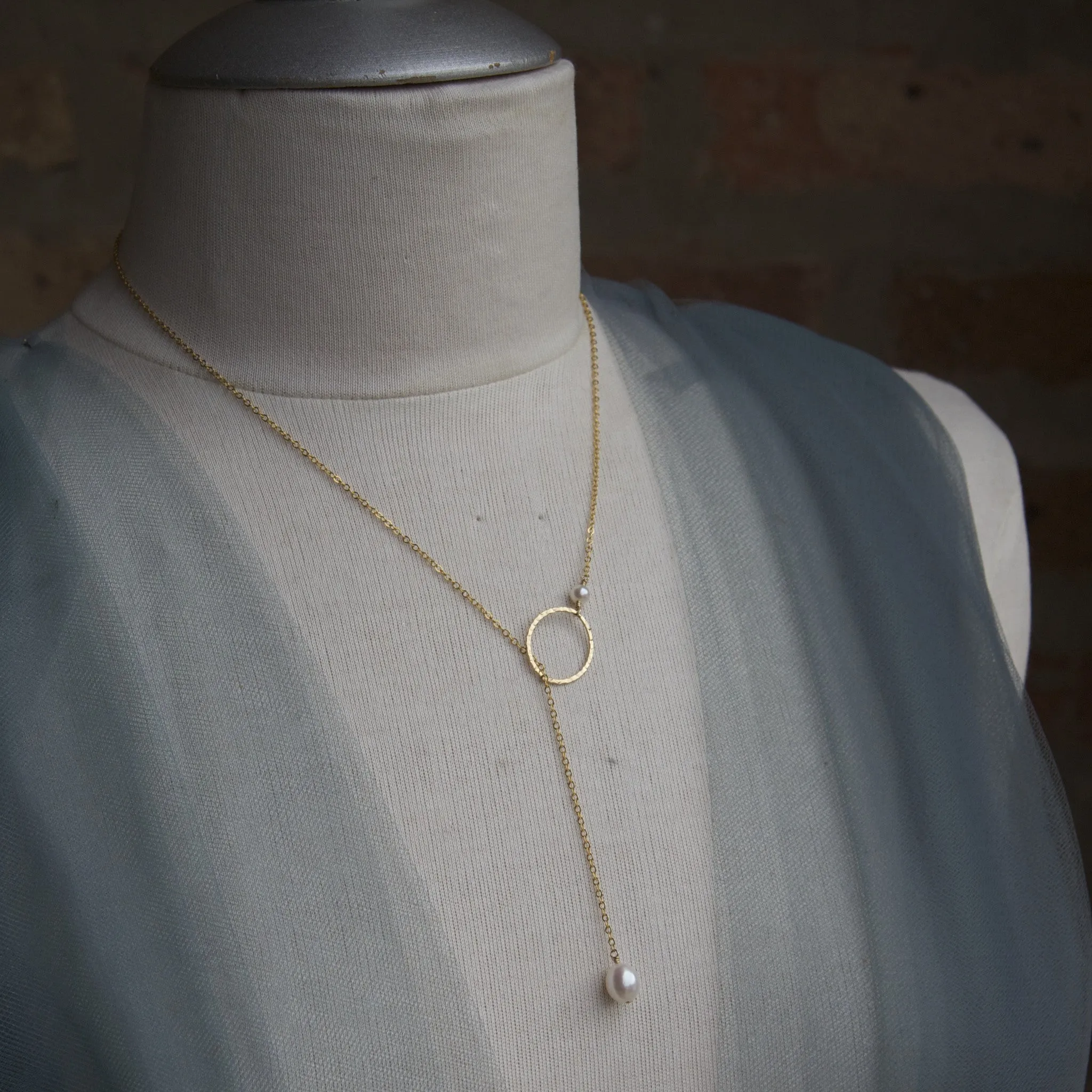 Pearl Pendant & Hoop Lariat Necklace | AAA 7.5x9mm Natural White Teardrop Freshwater Cultured