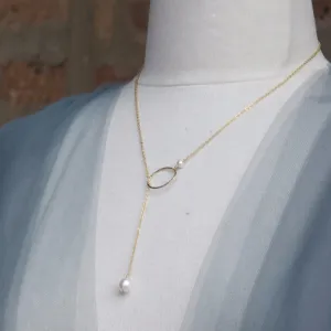 Pearl Pendant & Hoop Lariat Necklace | AAA 7.5x9mm Natural White Teardrop Freshwater Cultured