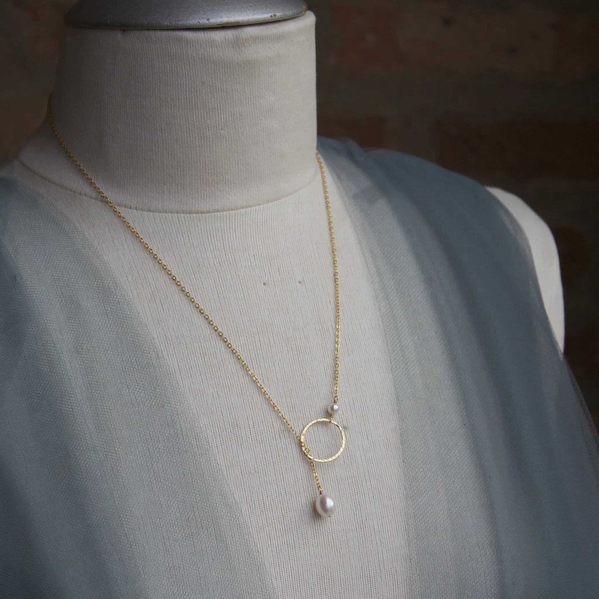 Pearl Pendant & Hoop Lariat Necklace | AAA 7.5x9mm Natural White Teardrop Freshwater Cultured