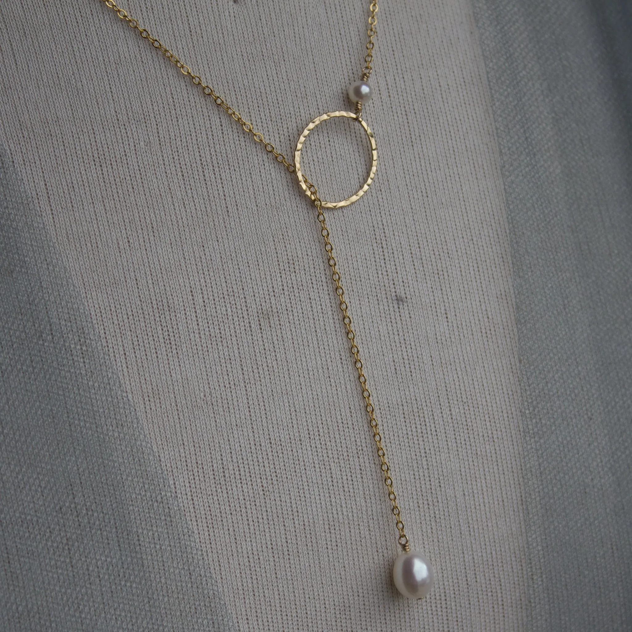Pearl Pendant & Hoop Lariat Necklace | AAA 7.5x9mm Natural White Teardrop Freshwater Cultured
