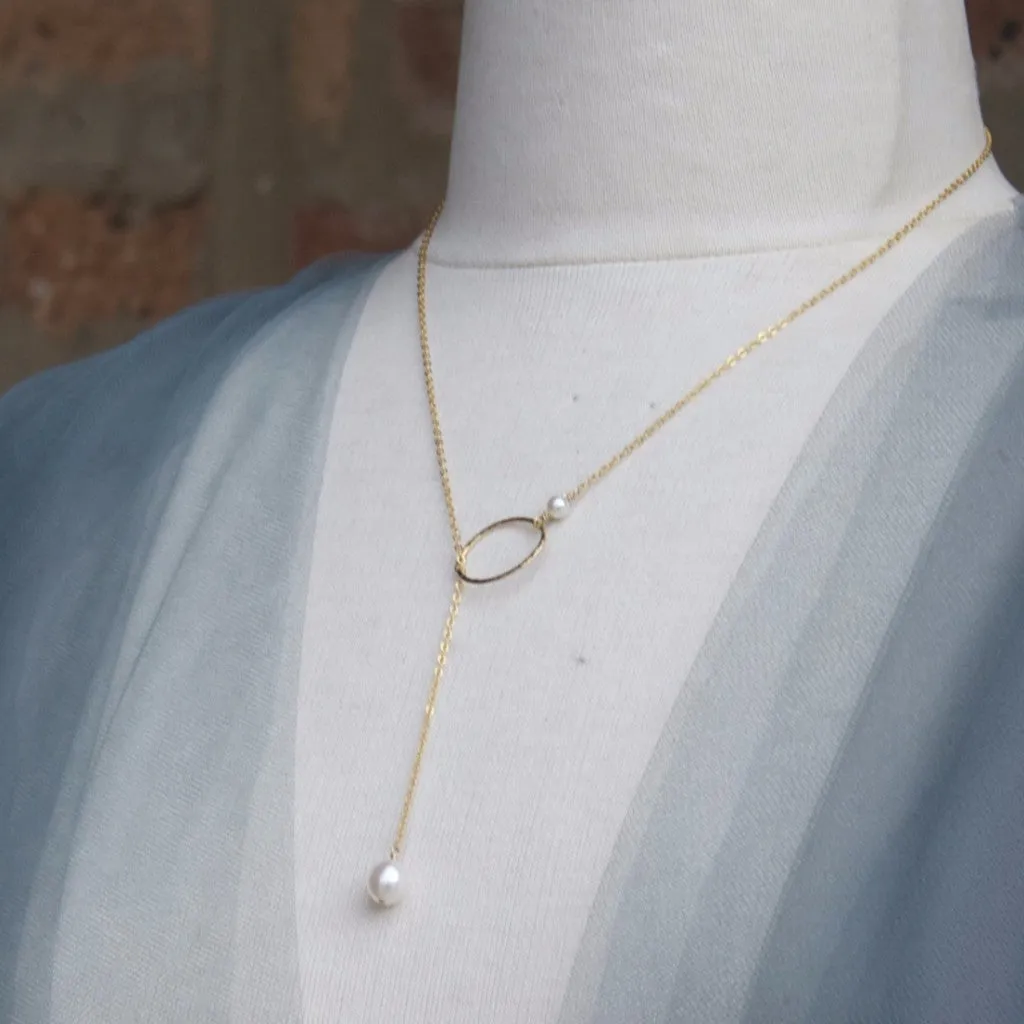 Pearl Pendant & Hoop Lariat Necklace | AAA 7.5x9mm Natural White Teardrop Freshwater Cultured